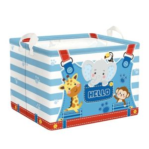 HUUMONSS Grande Cesta Ropa Sucia Bebe Animales Bolsillo Rayas para Chico Chica Elefante Mono Plegable Cestos Almacenaje Ropa Juguetes para Habitación Infantil Dormitorio, Azul, 36L