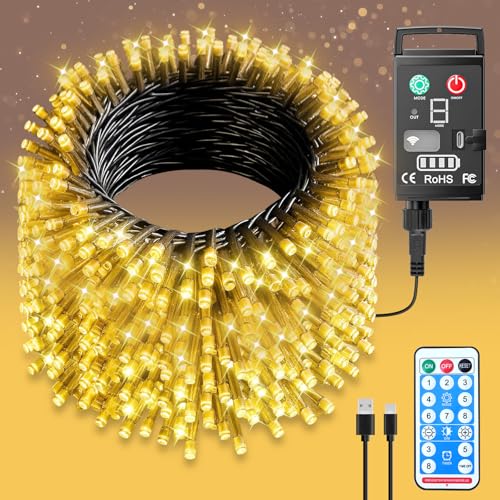 Guijiyi Luces Navidad Exterior Interior, 20M 200 LED Luce de Navidad con Pilas Recargable 8 Modos IP44 Impermeable Fairy Lights Guirnalda de Luces Decoración Para Interior Boda Fiesta Jardín Patio