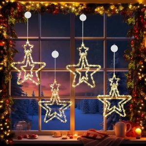 BrizLabs Luces Navideñas de Estrella LED, 4 Piezas Luces de Hadas de Estrellas de Ventana Interior Giratorio Luz de Navidad Batería Decoración para Halloween Exterior Balcón Fiesta, Blanco Cálido