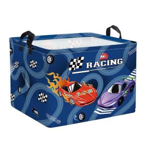 HUUMONSS Grande Cesta Ropa Sucia Bebe Coche de Carreras para Chico Plegable Cestos Almacenaje Ropa Juguetes para Habitación Infantil Dormitorio, Azul, 36L