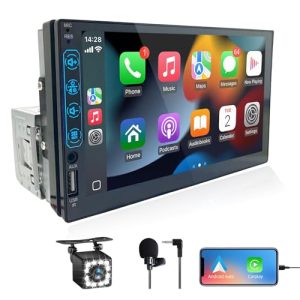 Radio Coche Bluetooth con CarPlay y Android Auto – Radio 1 DIN con Pantalla Apoyo MirrorLink para iOS/Android – Pantalla Táctil HD de 7 Pulgadas con Cámara de Reversa