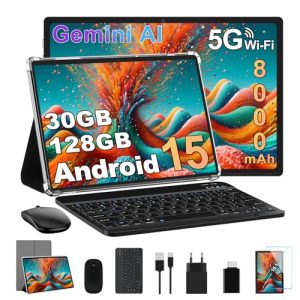 10 Pulgadas Android 15 Tablet 8000mAh Octa-Core, 30 GB RAM + 128 GB ROM (2 TB TF),Widevine L1,FHD IPS,USB-C, Wi-Fi 5G, BT5.0, 5MP+8MP, Pantalla Táctil, Facial ID, Tableta PC con Teclado y Ratón