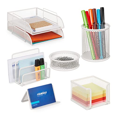 Relaxdays Organizador Escritorio 7 Piezas Rejilla Metal, Bandeja Documentos, Caja Pósits, Soporte Cartas, Clips, Blanco