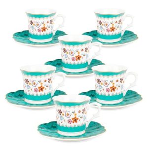 fanquare Flores Verdes Tazas de Té y Plato Juegos de 6 Bone China Vintage Espresso Taza de café con adornos de oro Elegante Tarde de Té Set de Porcelana Servicio de Té Regalos 80ml