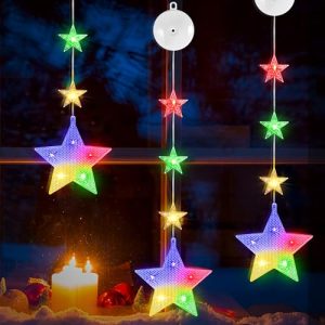 DazSpirit 3 Luces Ventana Navidad, Estrella Navidad con Luz con 8 Modos y Temporizador Auto, LED Luces de Ventana, Cortina Led Pilas para Ventanas, Puertas y Fiesta (Estrella, Colorida)