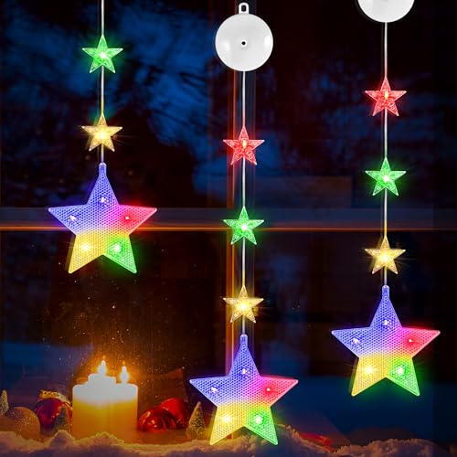 DazSpirit 3 Luces Ventana Navidad, Estrella Navidad con Luz con 8 Modos y Temporizador Auto, LED Luces de Ventana, Cortina Led Pilas para Ventanas, Puertas y Fiesta (Estrella, Colorida)