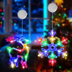OUILA RGB LED iluminación navideña, copos de nieve y alces, decoración navideña para ventana, iluminada con ventosas y temporizador, cadena de luces de Navidad para interior