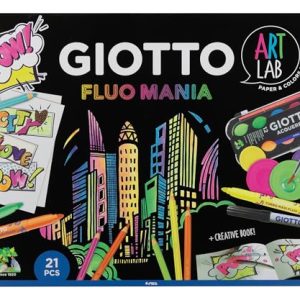 Giotto Art Lab, Set Creativo Fluo Mania con Papel, Rotuladores, Acuarelas, Lápices de colores y accesorios, 21 piezas