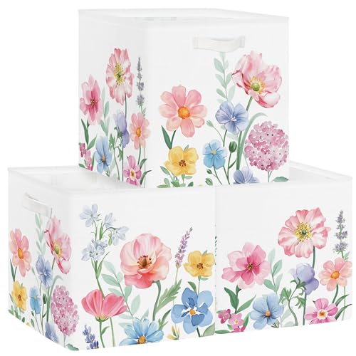Clastyle Juego de 3 Caja Almacenaje Tela Flores Salvajes Cestas Almacenaje Ropa Padres y Madres para Juguetes Cestas Organizadoras Plegable para Armarios,Acuarela,30x30x30 cm