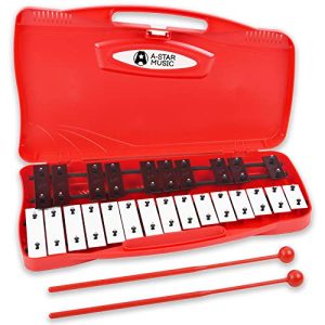 A-Star Xilófono Glockenspiel cromático soprano de 25 notas en estuche rojo con teclas negras/blancas y dos batidores de plástico – 2 octavas G5 a G7
