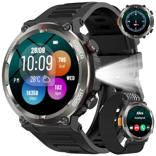 Baolubao Reloj Inteligente Hombre, 1.45" Smartwatch Hombre con Linterna y Brújula, Smartwatch con Llamadas Bluetooth, 120+ Modos Deportivos, 2 Correas, Podómetro, Pulsera Actividad Impermeable IP68