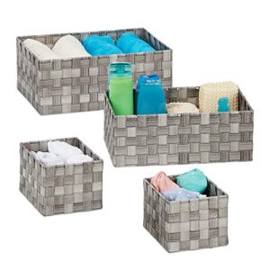 Relaxdays Almacenaje Set de 4, Tejidos, Cestas Baño, Rectangulares, 3 Tamaños, Plástico, Color Gris, Hierro