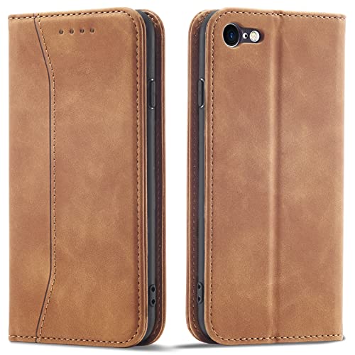 OKZone Funda para iPhone SE 2020 / iPhone 8 / iPhone 7 (4,7 Pulgadas), Funda Carcasa de Cuero,Magnético Carcasa Funda Móvil Billetera Cuero Funda con Tapa Libro Caso Soporte Plegable (Caqui)