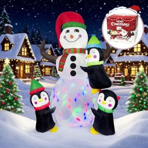PoolyPoly 180cm / 6FT Muñeco de Nieve Inflable de Navidad con Luces LED Coloreadas, Decoración de Noel Exterior/Interior para Salón, Terraza, Balcón, Jardín, Estacas Incluidos para Césped
