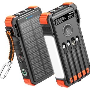 BLAVOR Cargador Solar Batería Externa Portátil 20000mAh, PD 20W Power Bank con Cables Incorporados Carga Rápida Cargador Portátil con Linterna LED, Luz Camping, Carga Inalámbrica para Apple Watch