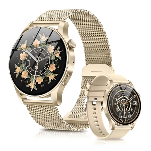Rmana Reloj Inteligente Mujer Hombre, 2025 Smartwatch 1.43" AMOLED Llamadas Bluetooth, 2 Correas, 100+ Modos Deportivos, Asistente de Voz, IP67 Impermeable Smart Watch para Android iOS (Amarillo)