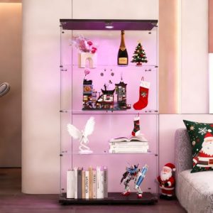 KatFash – Vitrina de cristal con iluminación LED, con 2 puertas y 4 estantes ajustables, puerta cerrada, para figuras, sala de estar, 80 x 36 x 164 cm