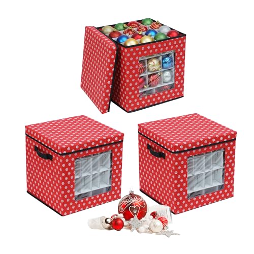 Relaxdays Caja organizadora para Bolas navideñas, Set 3, 33x33x33 cm, cartón, roja