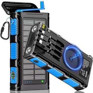 Power Bank Solar 26800mAh, Cargador Solar Inalámbrico con Manivela y 4 Cables, Powerbank Exterior Carga Rápida USB-C 7 Salidas y 5 Entradas para Teléfono Móvil,Batería Externa Impermeable para Camping