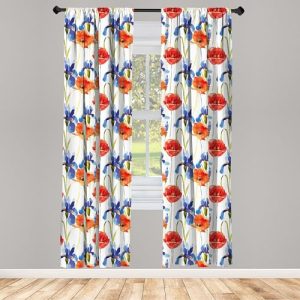 ABAKUHAUS Prado Juego de 2 Paños Cortinas, Pastel Diseño Escena de Las Amapolas, Tratamiento de Ventana para Habitación y Dormitorio, 2 Piezas de 75 cm x 175 cm, Azul Violeta Escarlata