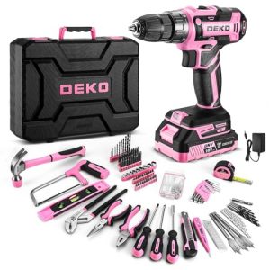 DEKO Caja Herramientas Completa Eléctricas 186 Piezas Rosa con 20V Taladro Eléctrico sin Cuerda, 10 mm Chuck sin Llave, Caja profesional de herramientas Domésticas de Bricolaje para Oficinas y Jardín