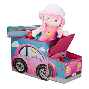 Relaxdays Baúl para juguetes, Taburete infantil plegable, Caja con compartimento, Para niños y niños, Forma de autobús, 50 L, Coche rosa