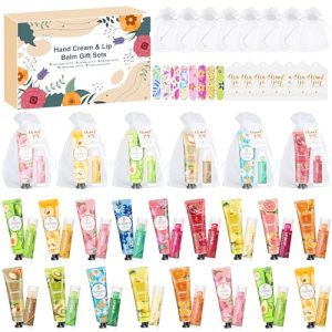 24 SETS Juego de regalo de crema de manos para mujer, 120 piezas Regalos de Navidad con crema de manos, bálsamo labial, mini limas de uñas, bolsas de organza y tarjeta de agradecimiento, pequeño