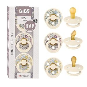 BIBS Colour Liberty Try-It Colección: 3 chupetes para las necesidades únicas de tu bebé, Tetina redonda. Látex natural, Hecho en Dinamarca, 0+ meses (Paquete de 3), Eloise