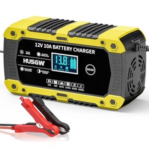 12V10A Cargador de Bateria de Coche，Mantenedor Bateria Moto Inteligente y Funciones Portátiles de Reparación Automática, Cargador Baterias Coche (SWT-1880 Yellow)