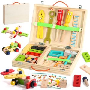 TONZE Caja Herramientas Juguetes Niños 3 Años Juguetes Madera Juegos Educativos 3 Años Regalo Niña 3 4 5 Años Bricolaje Construcciones Juguete Manualidades Maletin Herramientas (35 Piezas)