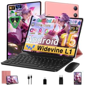Android 15 Tablet 10 Pulgadas 30GB RAM+64GB ROM (2TB/TF), Octa-Core 2.0Ghz, 1080*800 FHD IPS, Standby Extra Largo, 5G WiFi, Gemini AI, Widevine L1, 5MP+13MP, Face ID, GMS, Tableta con teclado,Oro Rosa