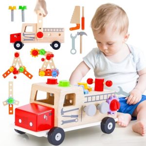 Aragallant Caja Herramientas Juguete para Niños 1 2 3 Años, Juego Herramientas Banco de Trabajo Juguetes Montessori, 31 Piezas Coche Herramientas Juguete de Madera Educativos Regalo Niño Niña