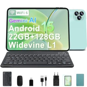 GOODTEL Tableta 10,1 Pulgadas con Android 15, 22 GB de RAM + 128 GB de ROM, WiFi 6, Bluetooth 5.0, Gemini AI, cámaras de 8+5 MP, WideVine L1, GMS, Tableta con Teclado y ratón (Verde)