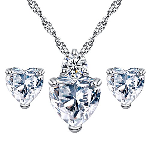 YAZILIND joyer¨ªa Set Regalo de d¨ªa de la Madre Moda Coraz¨®n Plateado Plata Colgante con circ¨®n c¨²bico con Incrustaciones de Collar aro Pendiente Stud para ni?as Color Blanco