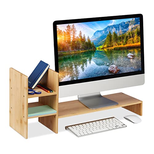 Relaxdays Soporte Monitor Bambú, Elevador Pantalla Escritorio, 30x67x20 cm, Ergonómico, 4 Compartimentos, Madera Natural