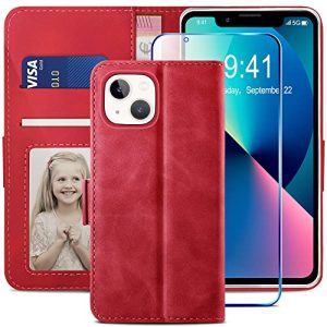 YATWIN Funda compatible con iPhone 13, funda tipo cartera de cuero con cierre magnético con ranura para tarjetas y función a prueba de golpes, compatible con iPhone 13, color rojo
