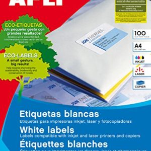 APLI 2412 – Etiquetas blancas permanentes adhesivas imprimibles, Inkjet-Laser-Copy, tamaño etiqueta 199,6 x 289,1 mm, cantos romos, pack de 100 hojas A4 (100 etiquetas), Ideal para sobres