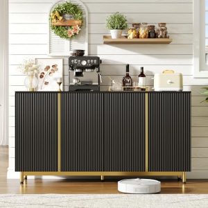 Aparador con Puertas estriadas onduladas Buffet Patas metálicas Ajustables aparadors para Comedor Cocina Sala de Estar Armario Armario de Almacenamiento Auxiliar Negro