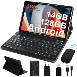 FACETEL Tablet Android Tablet 10 Pulgadas con Octa-Core | 14GB RAM + 64GB ROM(128GB TF) | 5G + 2.4G WiFi | 5MP + 8MP | Pantalla HD IPS | 8000mAh | Bluetooth | Teclado + Ratón – Cuerpo de Metal Negro