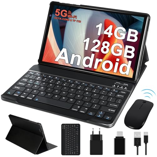 FACETEL Tablet Android Tablet 10 Pulgadas con Octa-Core | 14GB RAM + 64GB ROM(128GB TF) | 5G + 2.4G WiFi | 5MP + 8MP | Pantalla HD IPS | 8000mAh | Bluetooth | Teclado + Ratón - Cuerpo de Metal Negro