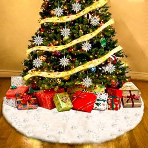 122cm Falda del Árbol de Navidad Grueso de Felpa Blanca Alfombra de Árbol de Navidad con Tira de luz y Cordón de Copo de Nieve Falda de Arbol de Felpa Suave para Decoración navideña del hogar