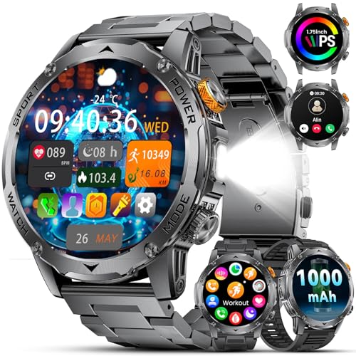2025 Reloj Inteligente Hombre Militar 1000 mAh Batería/1,75'' HD Gran Display,Smartwatch Hombre con Linterna/Llamadas Bluetooth/130+ Modos Deporte/Frecuencia Cardíaca/Monitor de Sueño,para Android iOS
