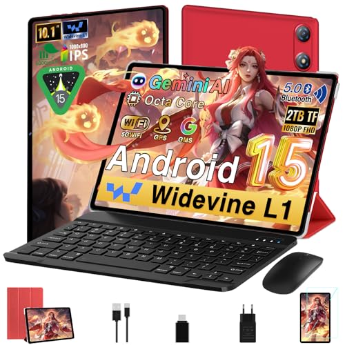 Android 15 Tablet 10 Pulgadas 30GB RAM+64GB ROM (2TB/TF), Gemini AI, Octa-Core 2.0Ghz, 1080*800 FHD IPS, Standby Extra Largo, 5G WiFi, Widevine L1, 5MP + 13MP, Face ID, GMS, Tablet con teclado - Rojo