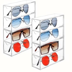 YOYEAH Organizador de gafas de acrílico con 4 cajones para diferentes pares de gafas, joyas, relojes – Soporte transparente para gafas de sol, 2 unidades