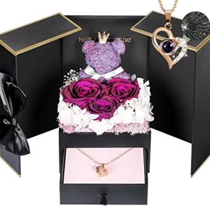 ADDWel San Valentin Regalos Mujer, Rosa Eterna Flores con Te Amo en 100 Idiomas Collar para Madre Novia Esposa Mama, Navidad Cumpleaños Día de la Aniversario (púrpura)