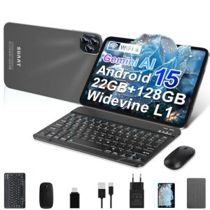 Tablet Android 15 de 10.1 pulgadas, 22GB RAM + 128GB ROM (2 TB TF), Octa-Core, WIFI 6, Gemini AI, GMS,GPS, Widevine L1, 8 MP + 5 MP, Tipo C, OTG, Cast, Tableta PC con funda, Teclado y Ratón, Negro