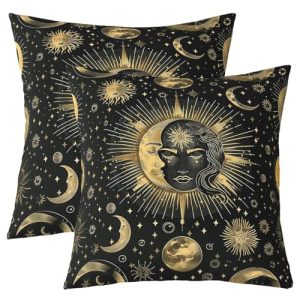Loussiesd Juego de 2 fundas de almohada con diseño de galaxia y sol y luna, 55 x 55 cm, para niños, niñas, adolescentes, niños, niñas y niños pequeños, decoración del hogar, color negro y dorado