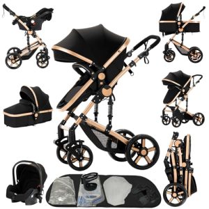 Aveainelle Cochecito 3 en 1, CochIT de Viaje Reclinable y Reversible, Carricoche Carro 3 Piezas Plegable con Un Solo Clic, Carrito con AccITorios Completos y Frenos DoblIT (588 Black Gold)