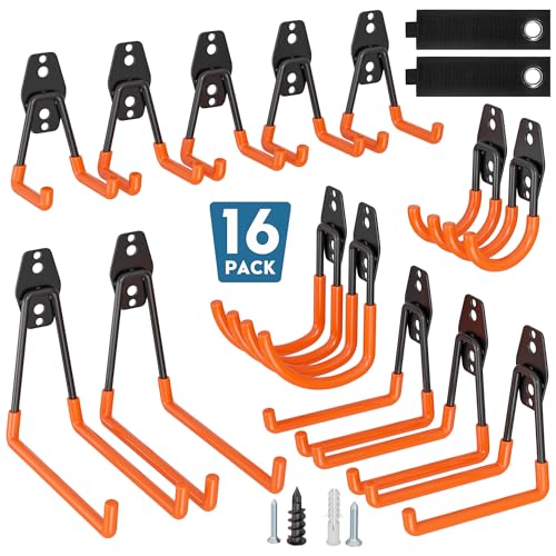 BONTEC Ganchos Pesados para Garaje, Set 16 Ganchos Acero U y J Antideslizante, Carga 439 KG, Soporte Bicicleta, Organizador Herramientas Pared, Colgador Multiusos Naranja