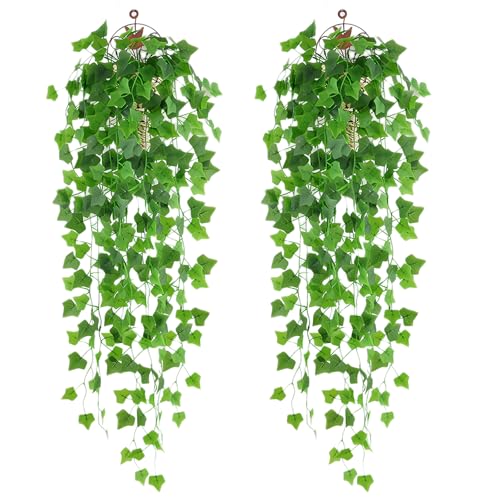 DabbOo Plantas Artificiales Colgantes 2 Piezas Plastic Fake Plants Enredadera Planta Artificial Exterior Decorativas Hanging Plants para Boda Jardín Balcón Dormitorio Interior Decoración de Pared